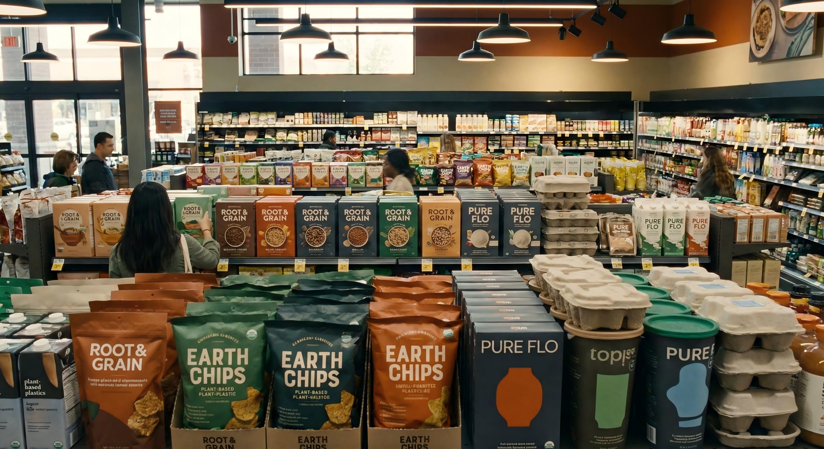 Wide supermarket aisle filled with modern food packaging, including snacks, cereals and beverages, featuring minimalist designs, bold colors and eco-friendly materials, cinematic light.jpg