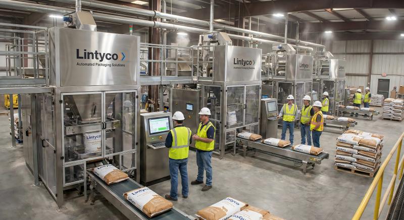 Wide-angle real-world site photo of Lintyco automated packaging machines deployed in a large feed mill, multiple lines running, machines labeled with Lintyco branding. Engineers monito.jpg